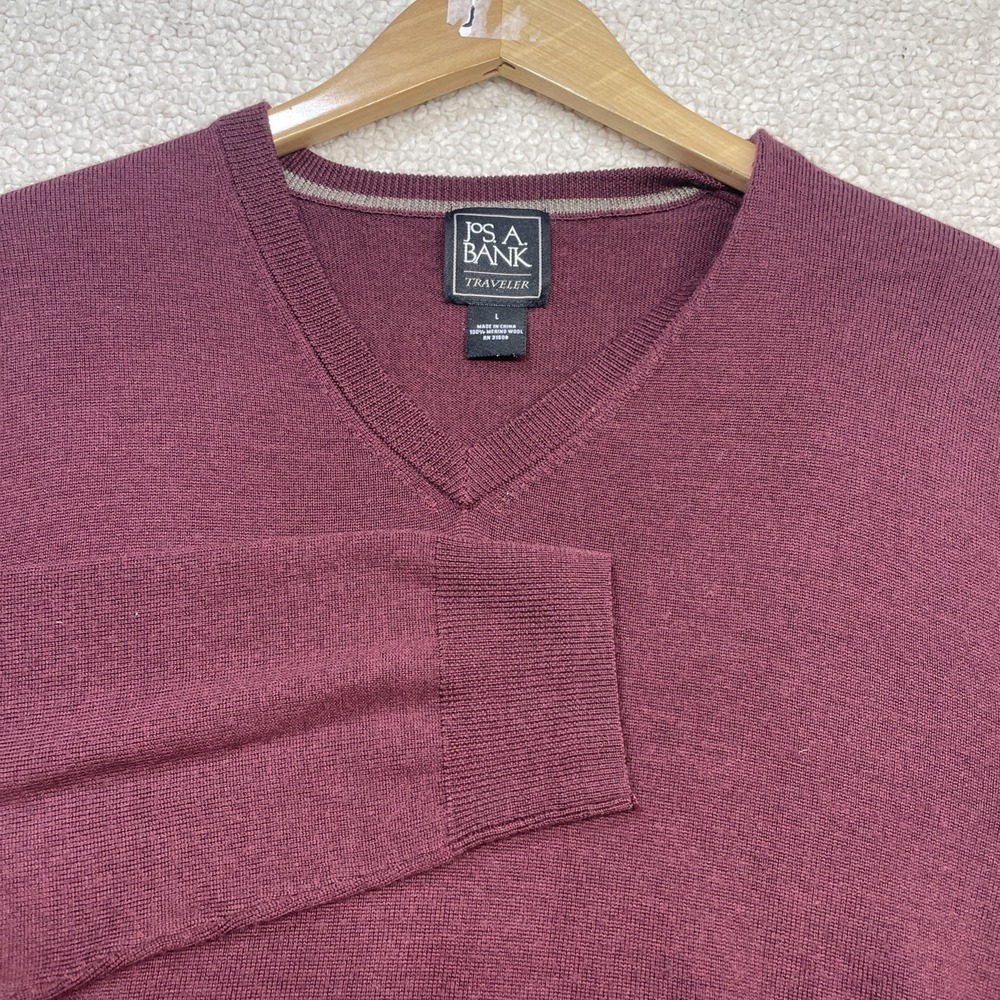 Jos.‎ A. Bank Sweater Mens L Burgundy Traveler V-Neck 100% Merino Wool Knit